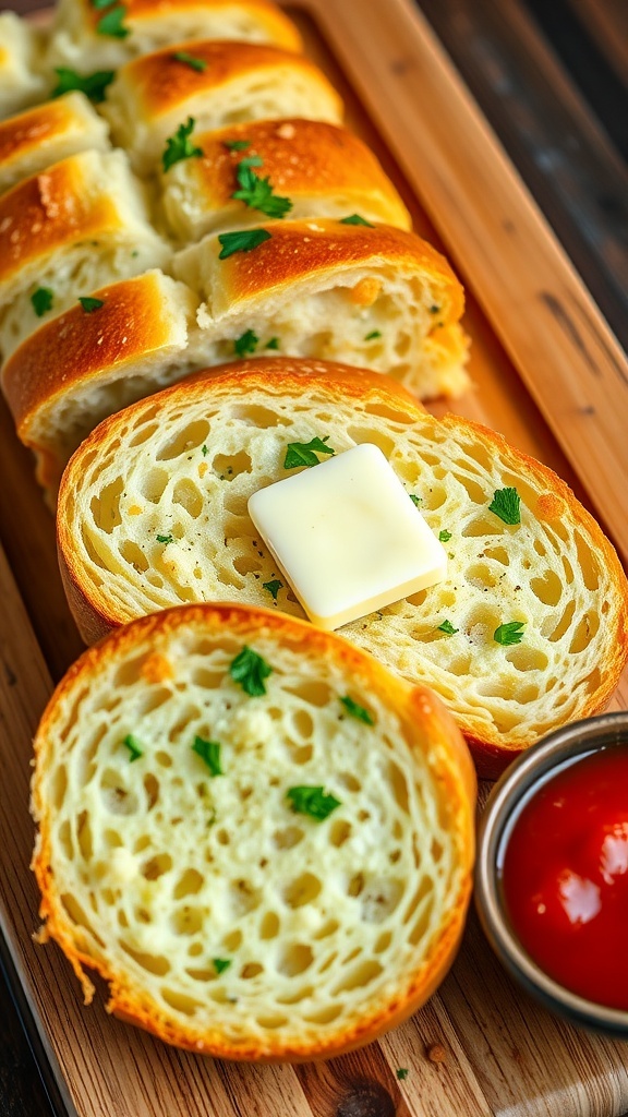 Classic Garlic Bread Recipe A loaf of garlic bread, golden and crispy, sliced and garnished with parsley, served with marinara sauce.